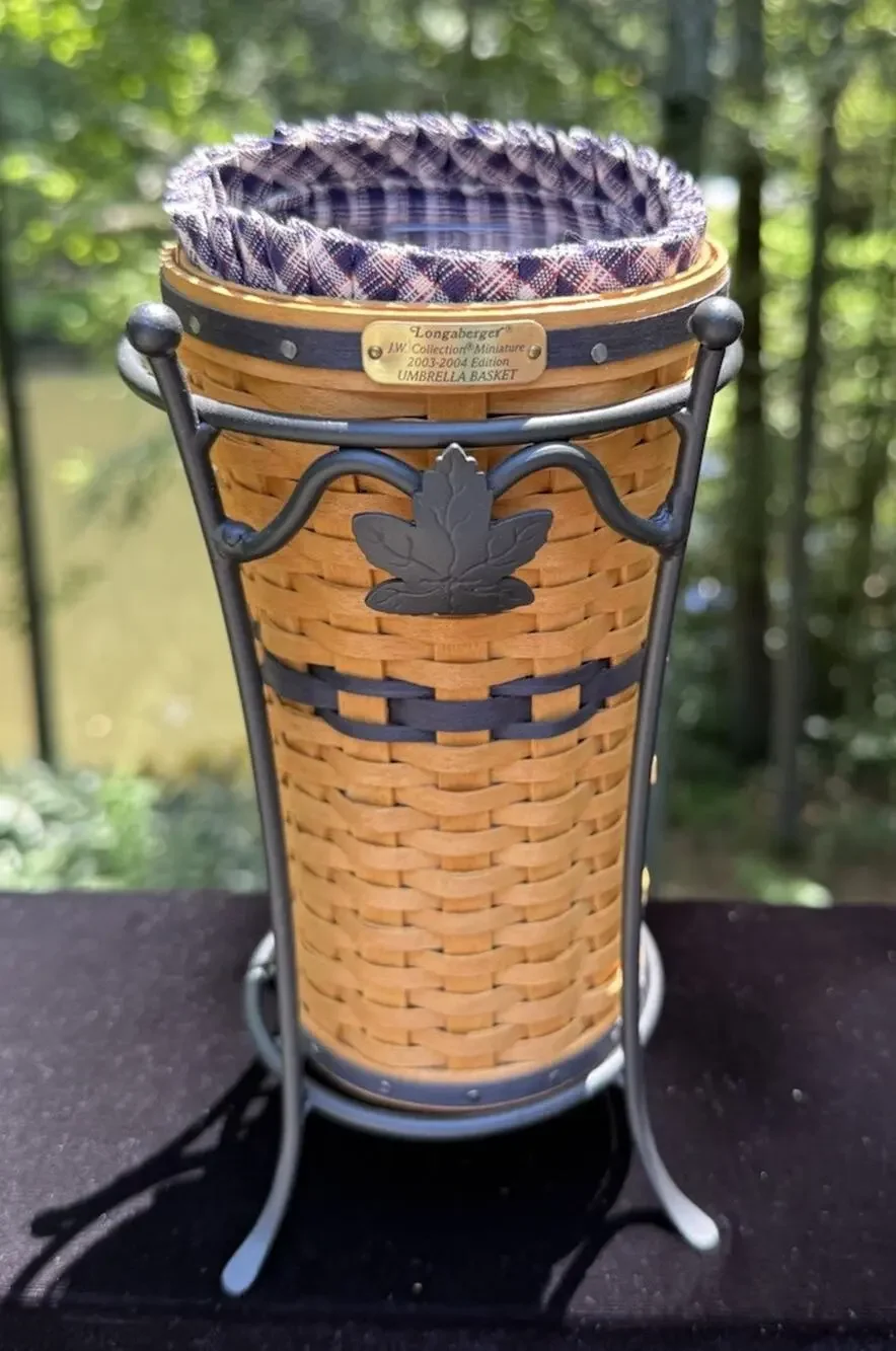 Longaberger CC J.W. Mini Umbrella Basket w Prot Liner Wrought Iron Stand Mint!